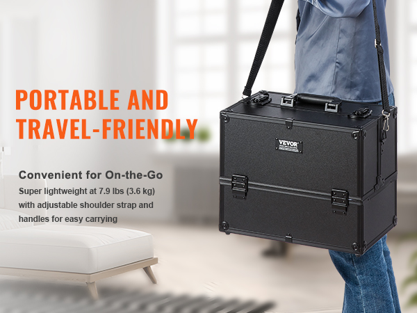 portable, lightweight VEVOR makeup train case with adjustable strap and handles for easy travel.