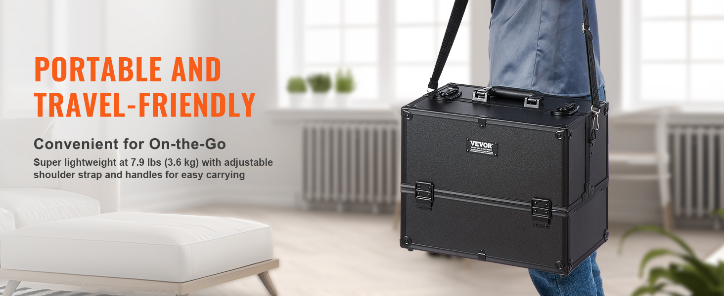 portable, lightweight VEVOR makeup train case with adjustable strap and handles for easy travel.