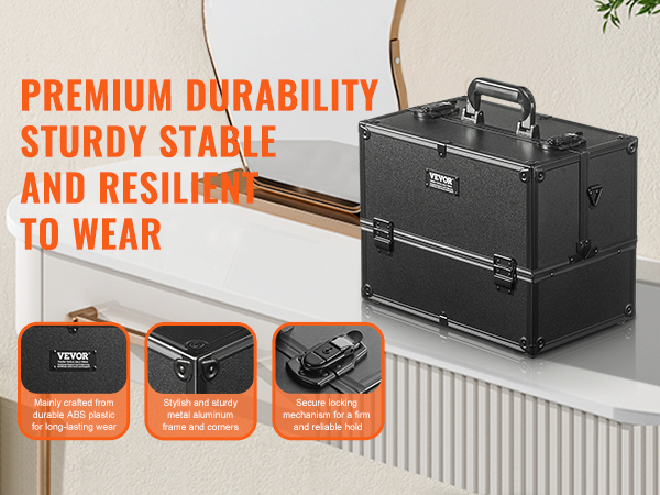 VEVOR makeup train case on white vanity with durable build, secure locking, and stylish metal aluminum frame.