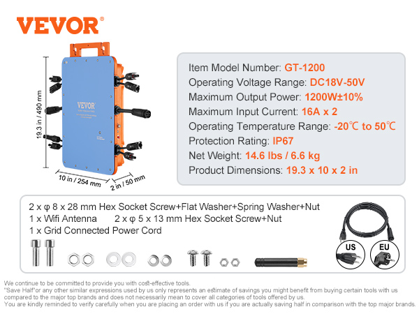 VEVOR solar grid tie micro inverter gt-1200, ip67, 1200w max, 19.3 x 10 x 2 in dimensions, accessories included.