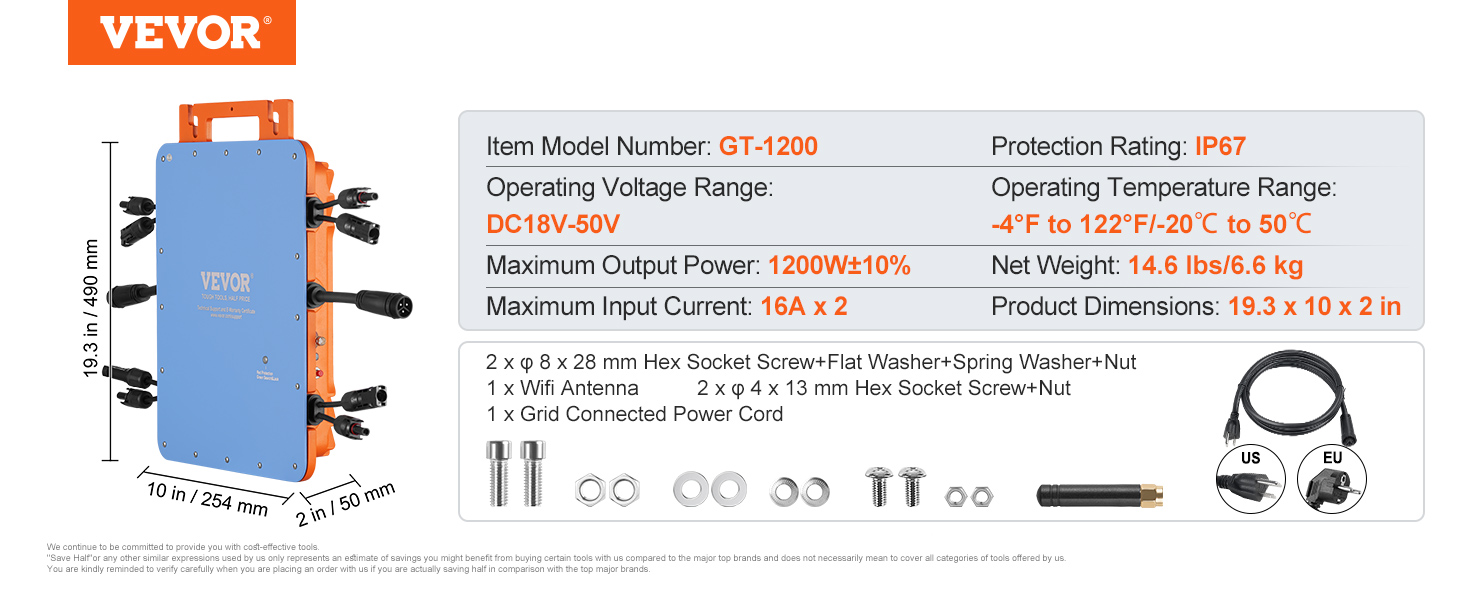 VEVOR solar grid tie micro inverter gt-1200, ip67, 1200w max, 19.3 x 10 x 2 in dimensions, accessories included.