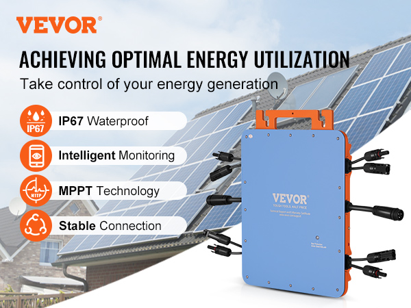 VEVOR solar grid tie micro inverter with ip67 waterproof, intelligent monitoring, mppt technology.