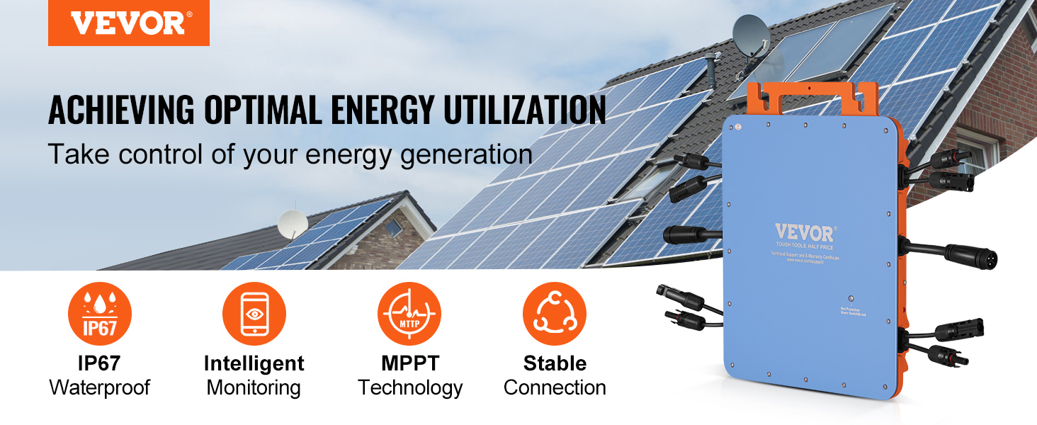 VEVOR solar grid tie micro inverter with ip67 waterproof, intelligent monitoring, mppt technology.