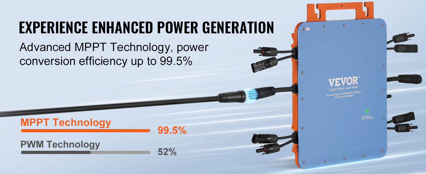 VEVOR solar grid tie micro inverter with mppt technology, 99.5% efficiency, enhanced power generation.