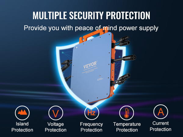 VEVOR solar grid tie micro inverter with multiple security protection; island, voltage, frequency, current, temperature.