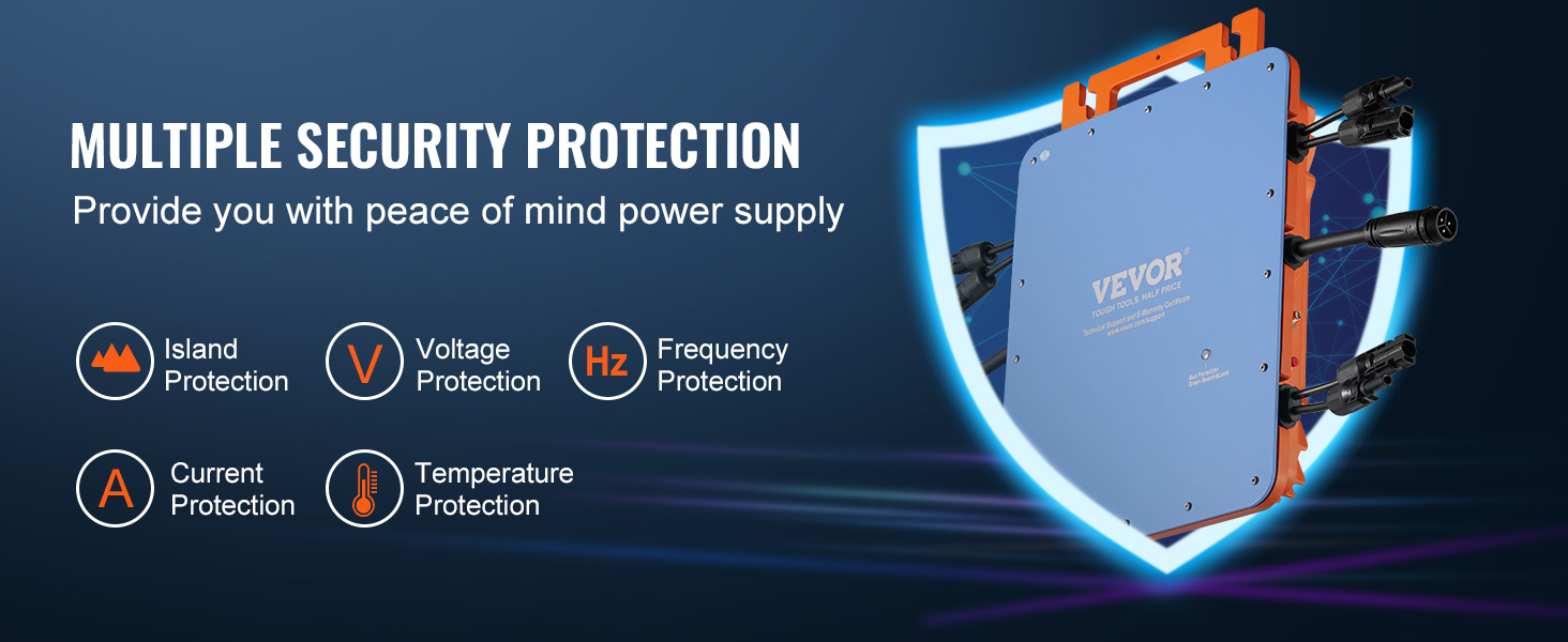 VEVOR solar grid tie micro inverter with multiple security protection; island, voltage, frequency, current, temperature.