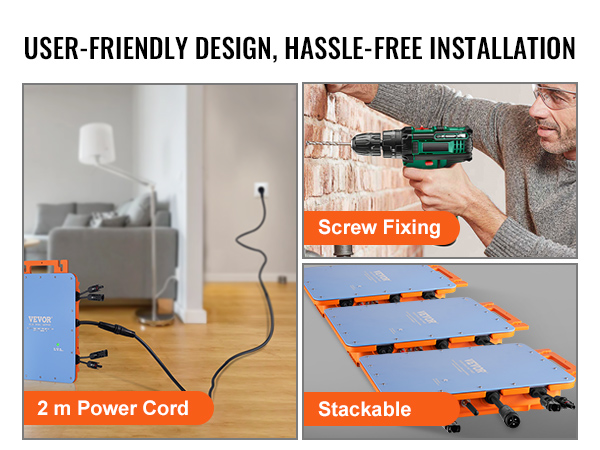 VEVOR solar grid tie micro inverter with 2m power cord, easy screw fixing, stackable units.