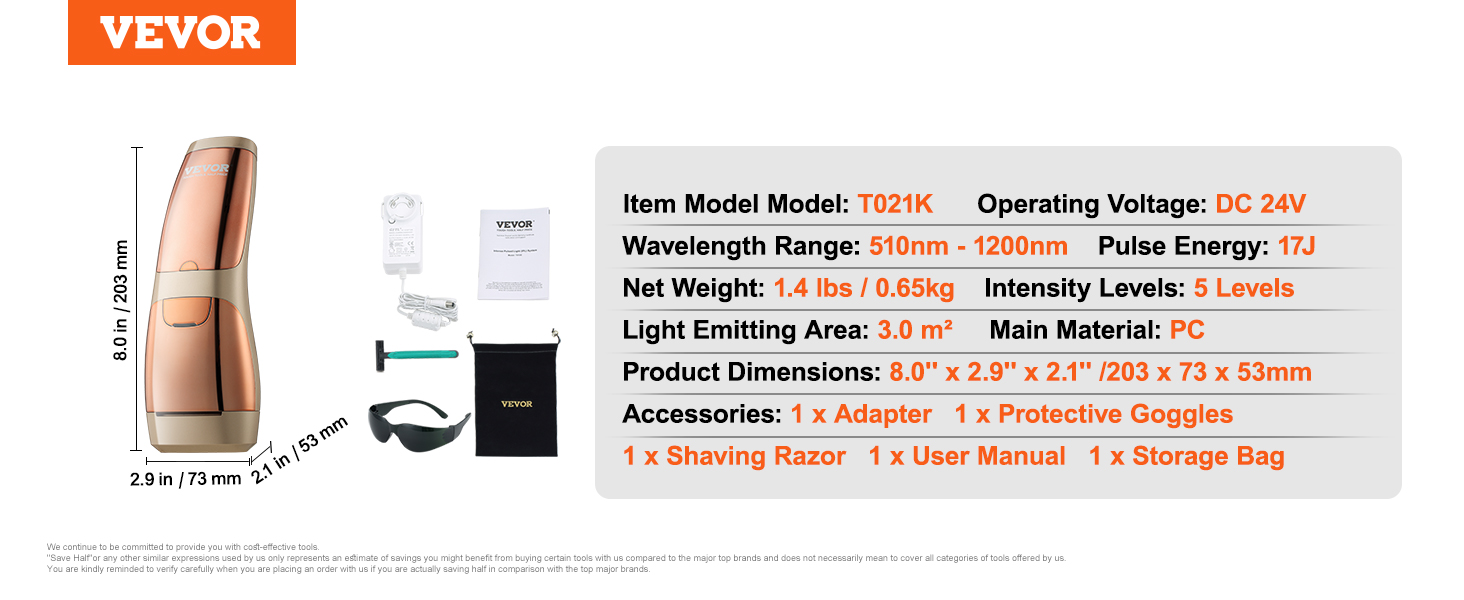 VEVOR ipl hair removal device with dimensions and specifications, including accessories: adapter, goggles, razor, manual, and storage bag.