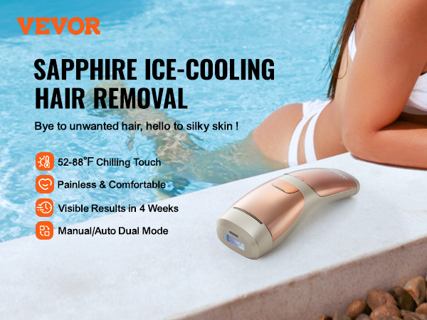 VEVOR ipl hair removal with sapphire ice-cooling technology beside a pool, showcasing product benefits.