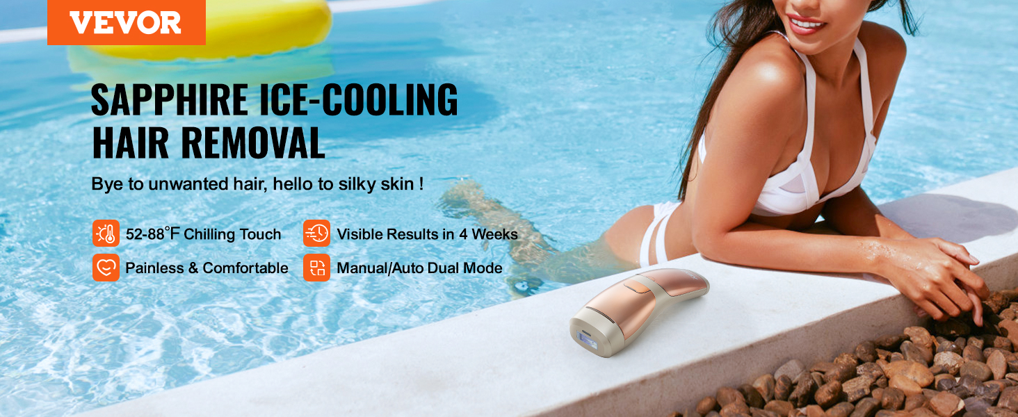 VEVOR ipl hair removal with sapphire ice-cooling technology beside a pool, showcasing product benefits.