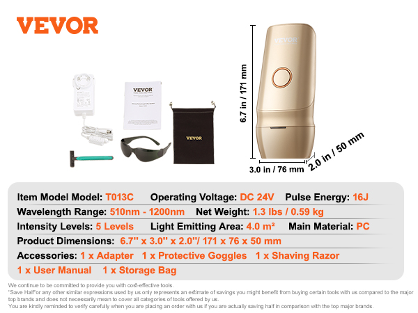 VEVOR ipl hair removal device t013c with accessories: adapter, goggles, razor, manual, and storage bag.