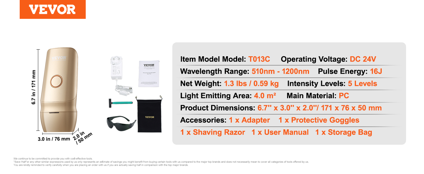 VEVOR ipl hair removal device t013c with accessories: adapter, goggles, razor, manual, and storage bag.
