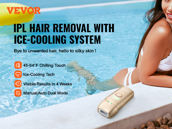 VEVOR ipl hair removal with ice-cooling system by the pool, offering 45-64°f chilling touch.