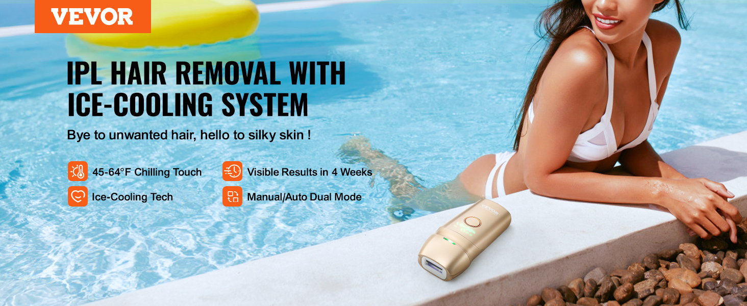 VEVOR ipl hair removal with ice-cooling system by the pool, offering 45-64°f chilling touch.