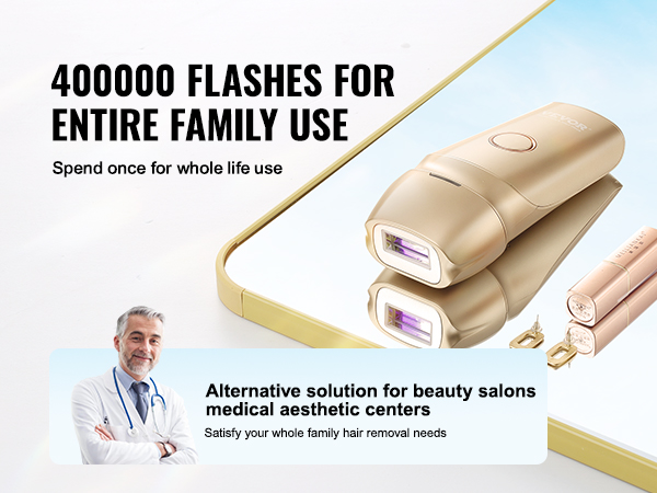 VEVOR ipl hair removal device with 400000 flashes, gold color, ideal for entire family use and long-term value.