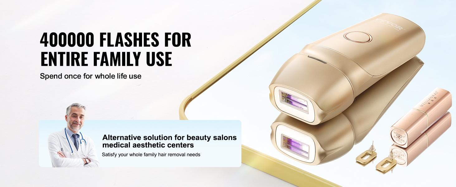VEVOR ipl hair removal device with 400000 flashes, gold color, ideal for entire family use and long-term value.