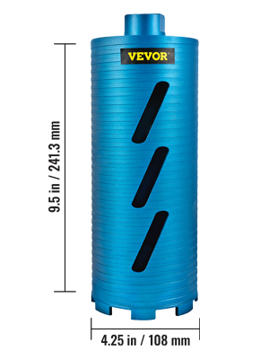 blue VEVOR diamond core drill bit, 9.5 in x 4.25 in dimensions in mm text.