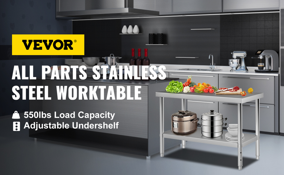 VEVOR stainless steel prep table in a modern kitchen with vegetables, cookware, and an adjustable undershelf.