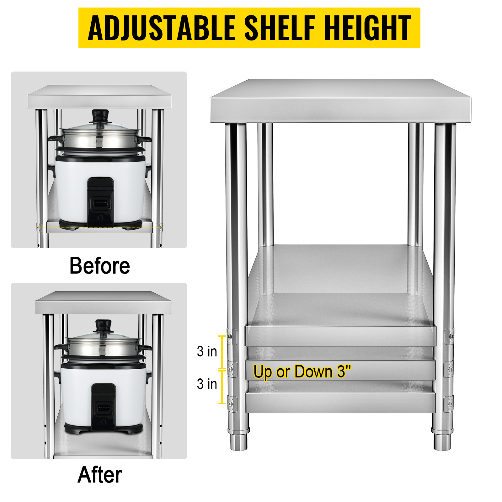 VEVOR stainless steel prep table with adjustable shelf height, showcasing before and after examples.