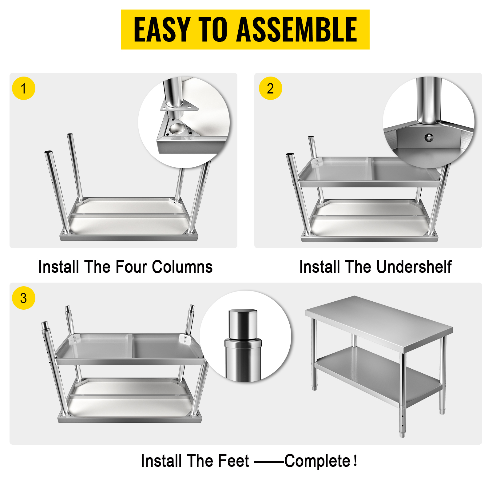 easy assembly steps for VEVOR stainless steel prep table: install columns, undershelf, and feet. complete!