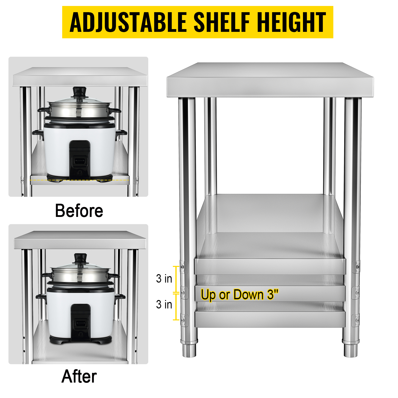 VEVOR stainless steel prep table with adjustable shelf height, showcasing a before and after comparison.