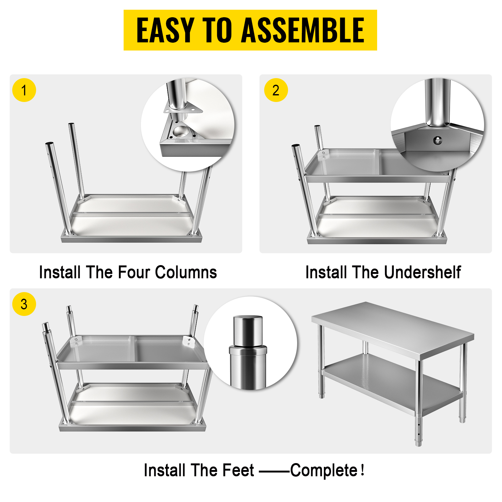easy assembly steps for VEVOR stainless steel prep table: install columns, undershelf, and feet.