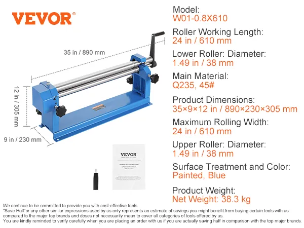 VEVOR slip roll machine model w01-0.8x610, max rolling width 24in/610mm, blue, 35x9x12in.