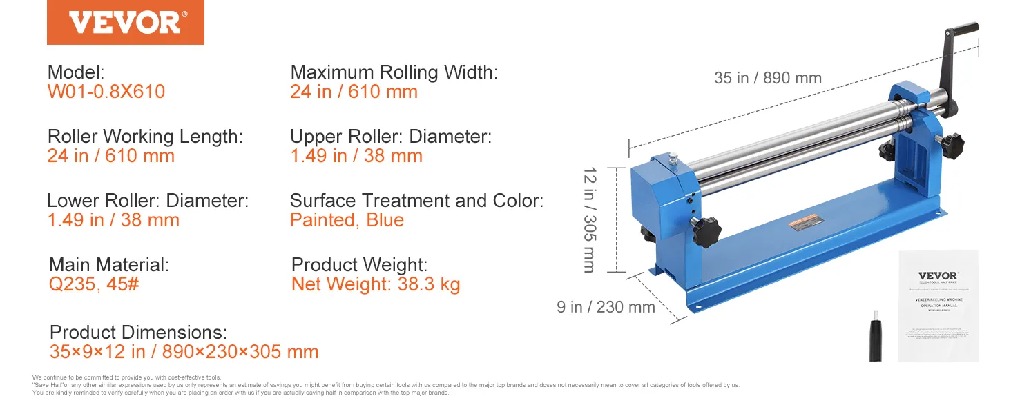 VEVOR slip roll machine model w01-0.8x610, max rolling width 24in/610mm, blue, 35x9x12in.