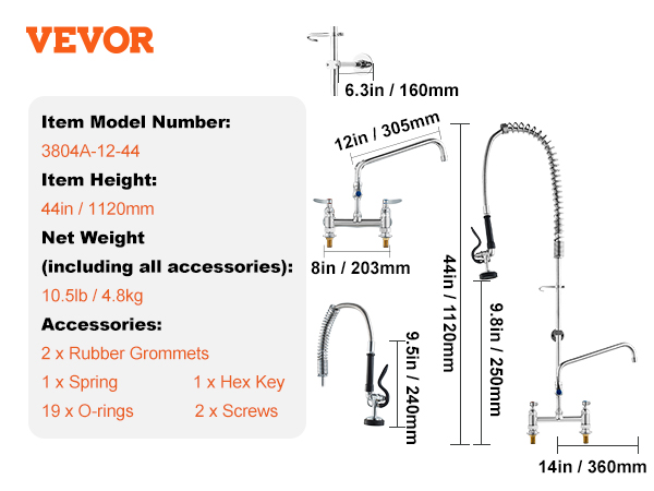 VEVOR commercial faucet dimensions with included accessories listed and detailed assembly measurements.