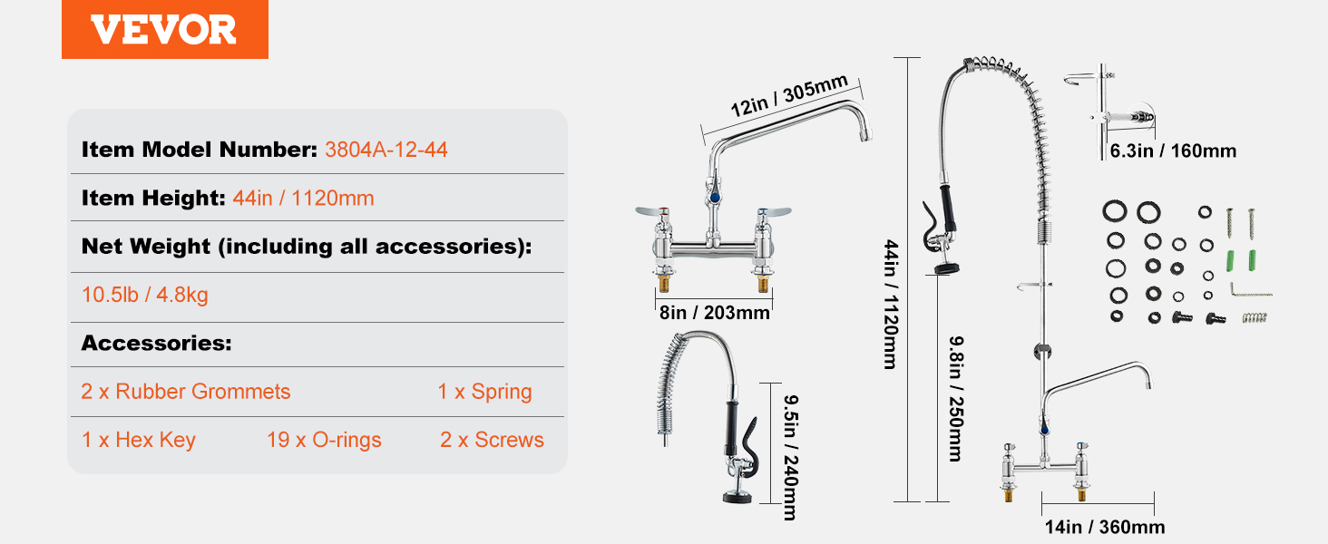 VEVOR commercial faucet dimensions with included accessories listed and detailed assembly measurements.