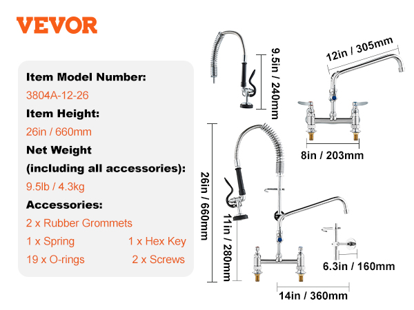 VEVOR commercial faucet with detailed dimensions, item specifications, and listed accessories.