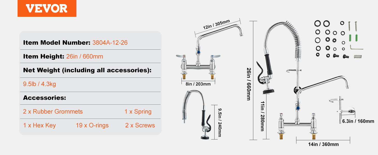 VEVOR commercial faucet with detailed dimensions, item specifications, and listed accessories.