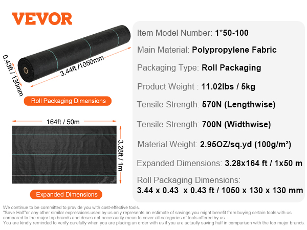 VEVOR weed barrier fabric roll and expanded size, dimensions 3.44 x 0.43 ft (roll) and 3.28 x 164 ft (expanded).