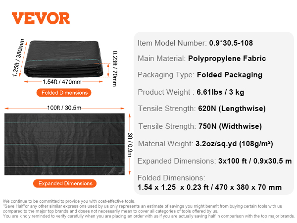 VEVOR weed barrier fabric, polypropylene, 6.61 lbs, folded dimensions 1.54x1.25 ft, expanded 3x100 ft.