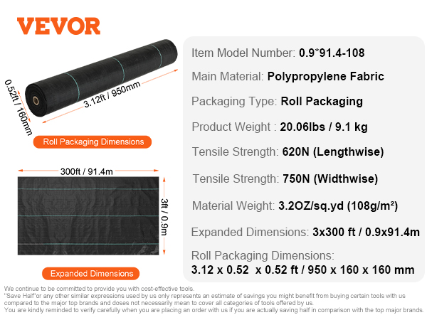 VEVOR weed barrier fabric roll packaging and dimensions, 3ft x 300ft, made of polypropylene fabric.