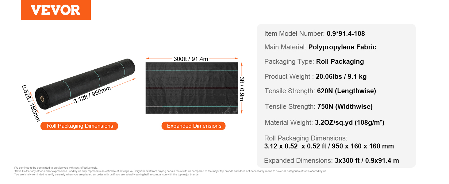 VEVOR weed barrier fabric roll packaging and dimensions, 3ft x 300ft, made of polypropylene fabric.