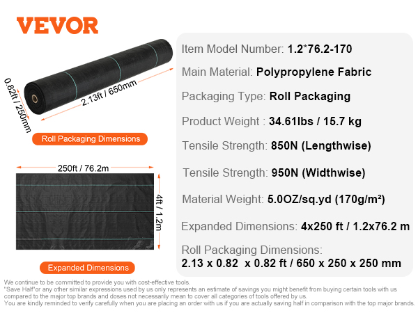 VEVOR weed barrier fabric roll, dimensions 2.13 x 0.82 ft, expanded to 4 x 250 ft.