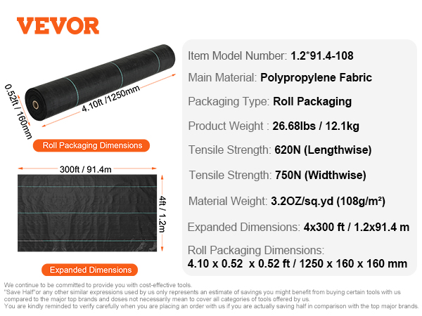 VEVOR weed barrier fabric dimensions and specifications, including tensile strength and material weight.