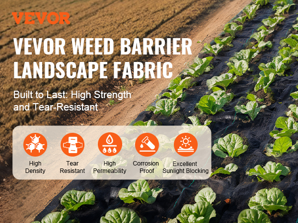 VEVOR weed barrier fabric: high-density, tear-resistant landscape material for effective weed control in gardens.