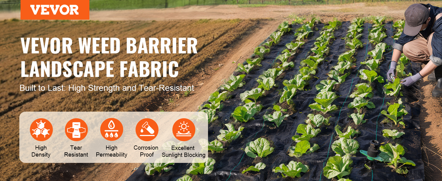 VEVOR weed barrier fabric: high-density, tear-resistant landscape material for effective weed control in gardens.