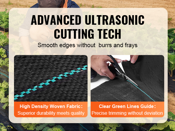 gardener maintaining plants using VEVOR weed barrier fabric with advanced ultrasonic cutting technology.
