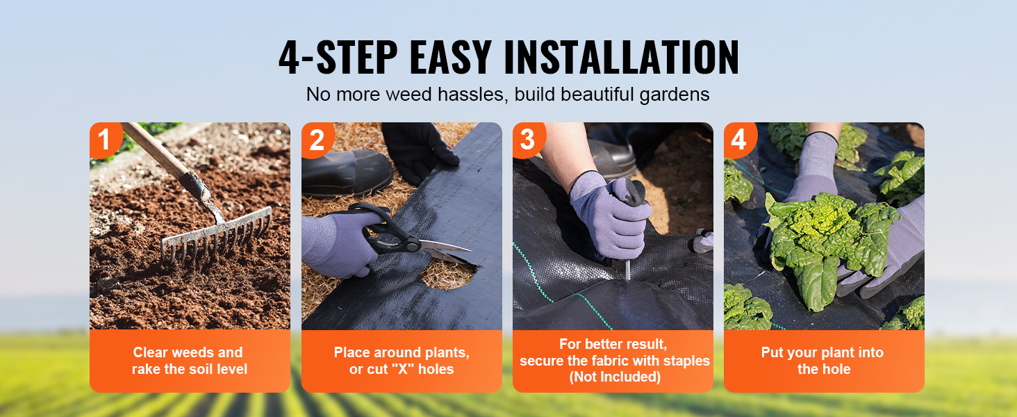 4-step installation guide for VEVOR weed barrier fabric: clear weeds, place fabric, secure, and plant.