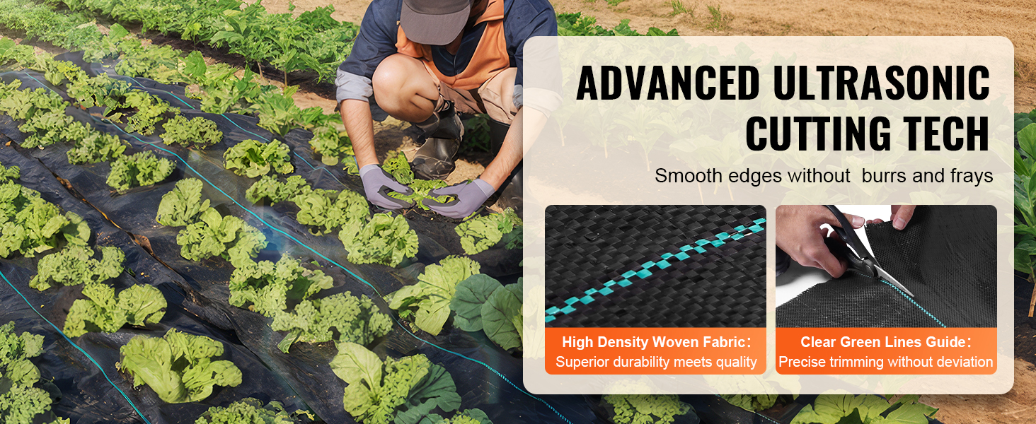 gardener using VEVOR weed barrier fabric in a vegetable garden, showcasing high-density woven fabric.