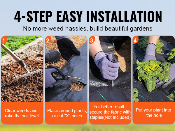 4-step guide to installing VEVOR weed barrier fabric, including soil preparation, placement, securing, and planting.