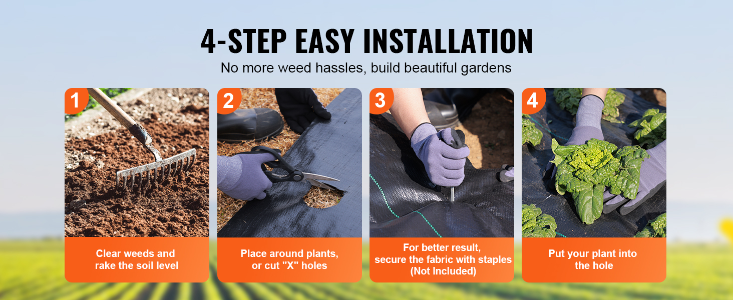 4-step guide to installing VEVOR weed barrier fabric, including soil preparation, placement, securing, and planting.