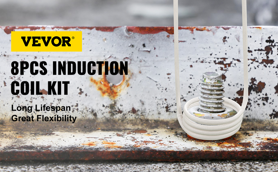 VEVOR induction heater coil kit with screw in coiled heating element on rusted metal surface.