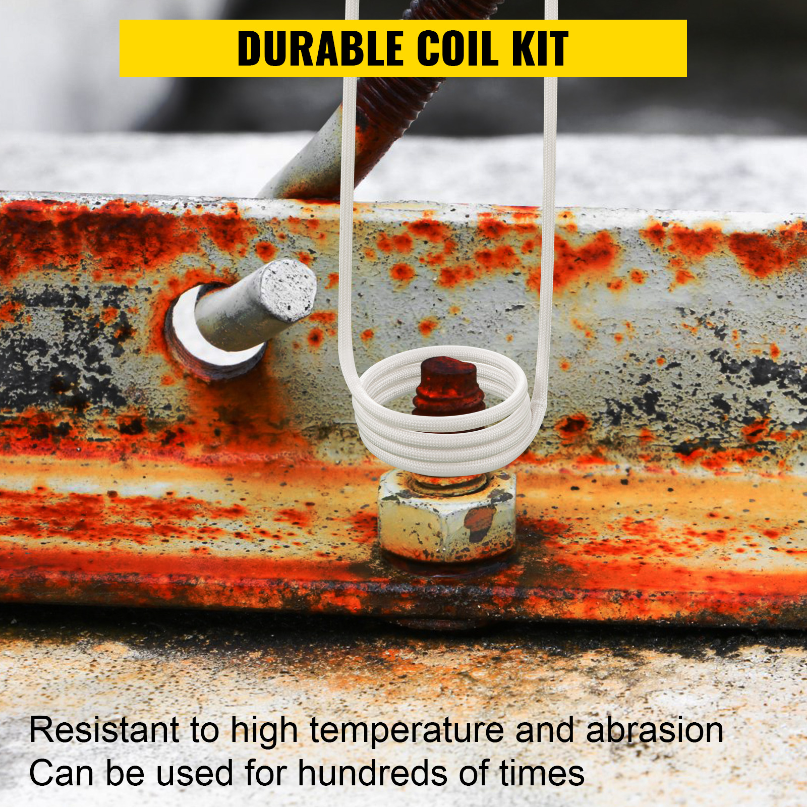 VEVOR induction heater coil kit on rusty bolt for high-temperature applications.