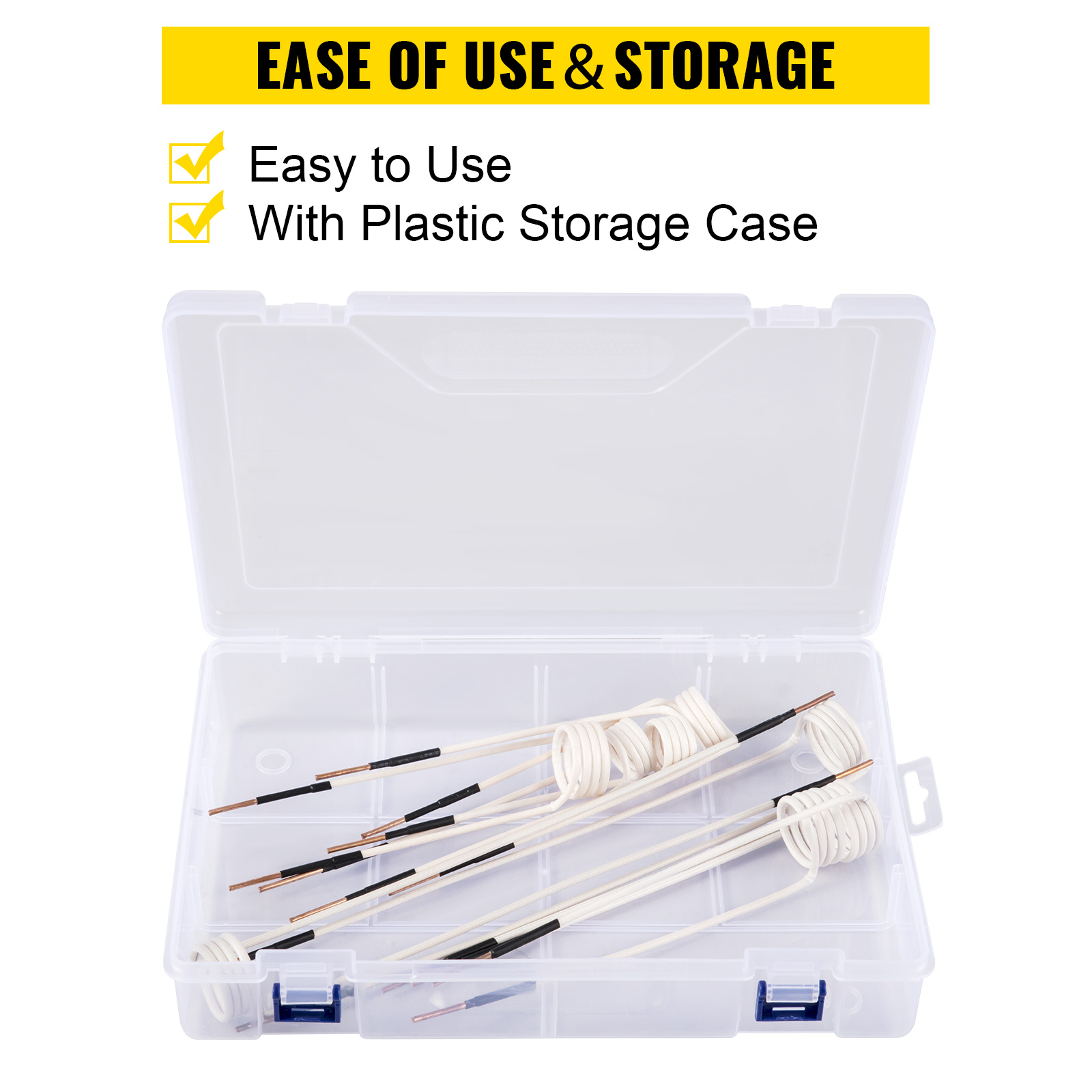 VEVOR induction heater coil kit with plastic storage case and text emphasizing ease of use.