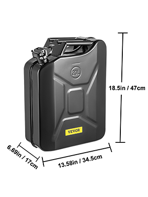 VEVOR jerry fuel can with dimensions: 18.5in x 13.58in x 6.69in, black, 20l capacity.