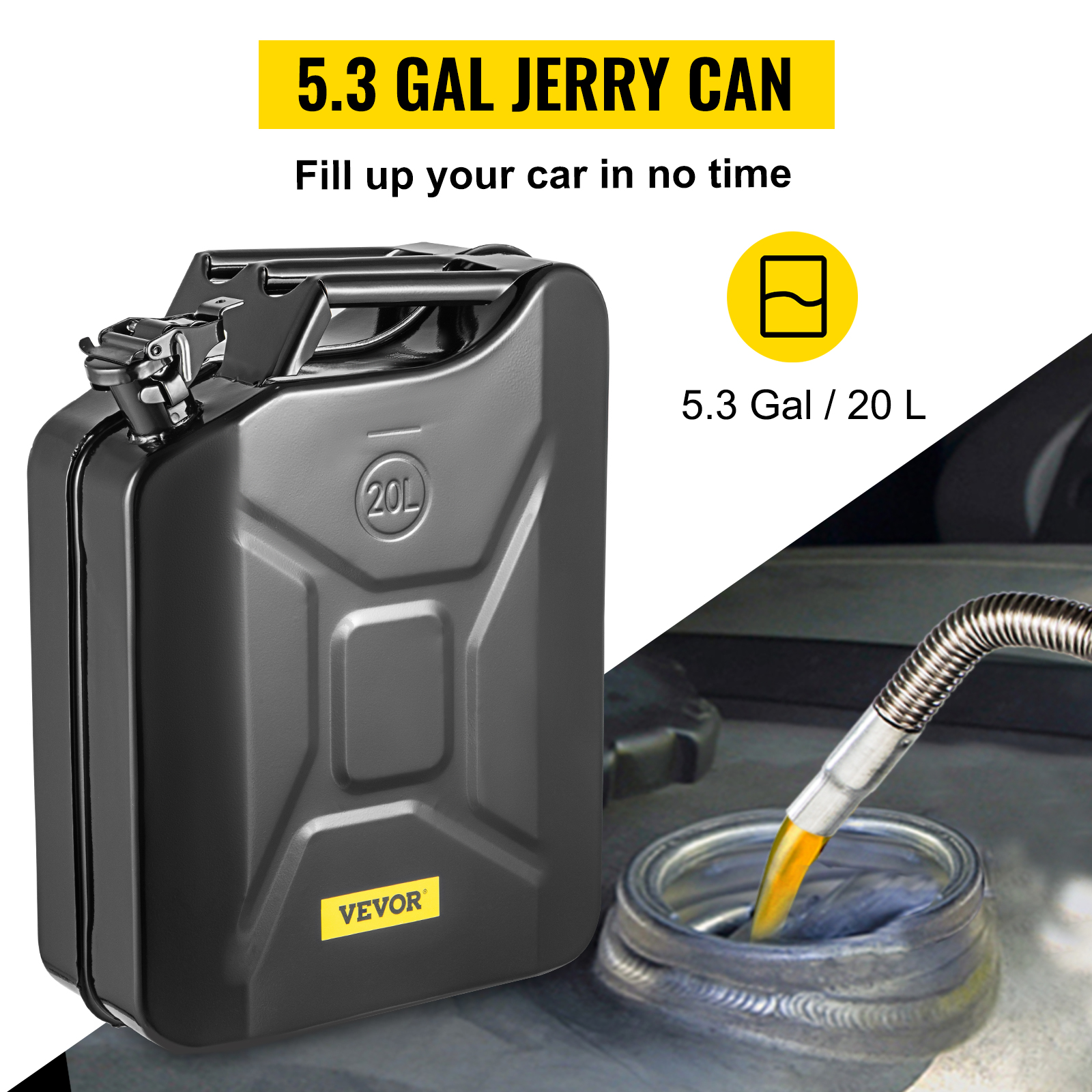 VEVOR jerry fuel can 5.3 gal for quick car refueling, black with 20l capacity and secure spout.